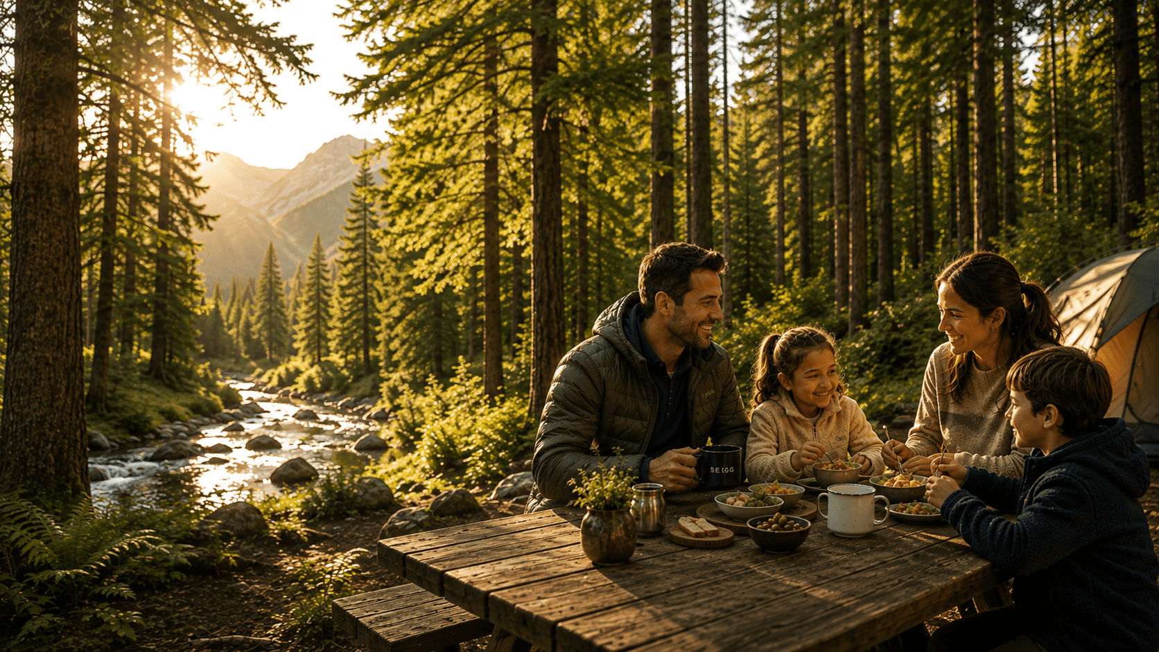 Familia compartiendo una comida al aire libre en el bosque