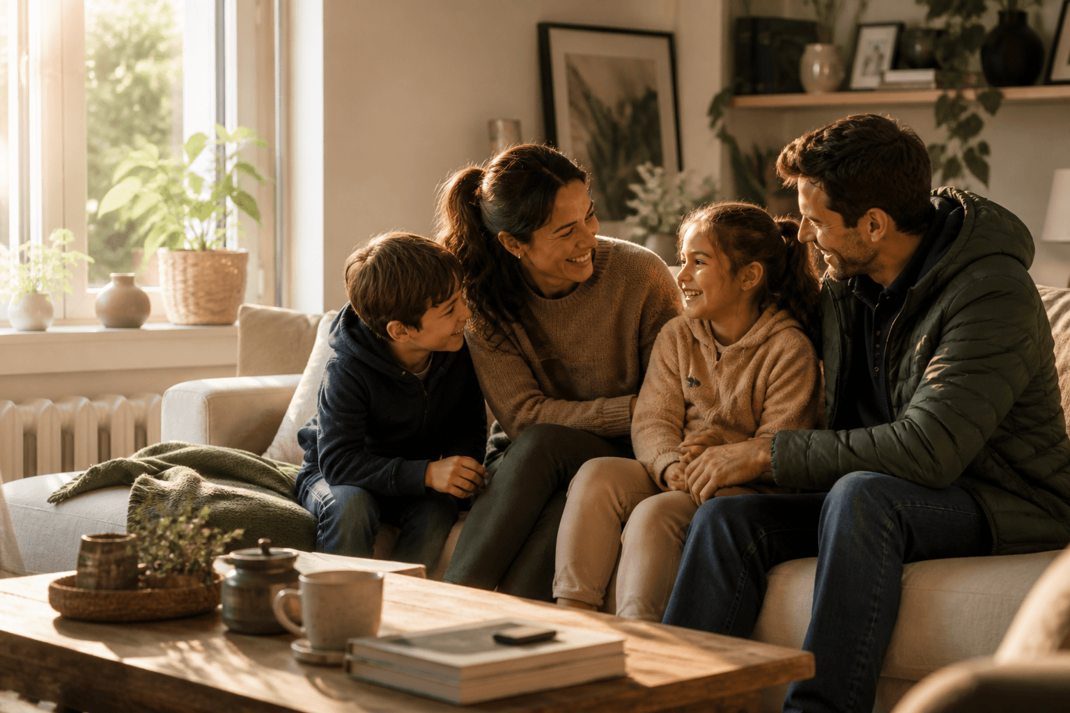 Familia compartiendo un momento tranquilo en casa
