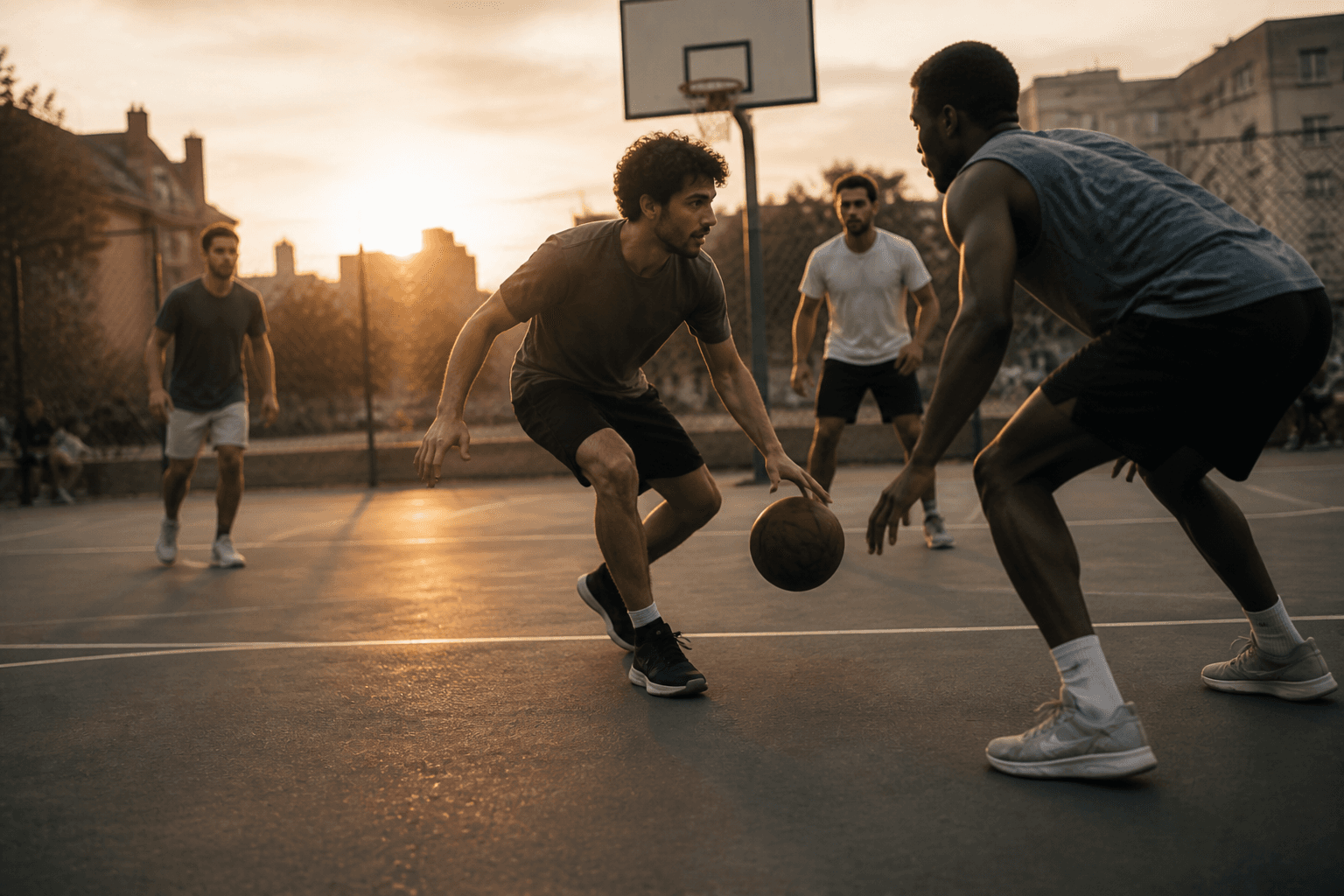 Jugador ejecutando un crossover en un partido de baloncesto callejero