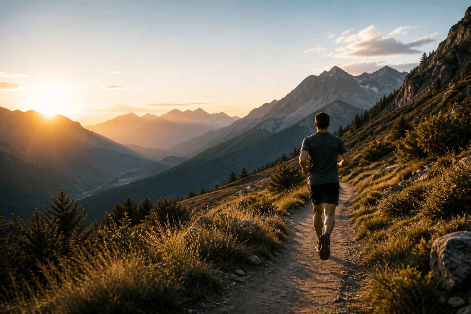 Persona corriendo por un sendero de montaña al amanecer
