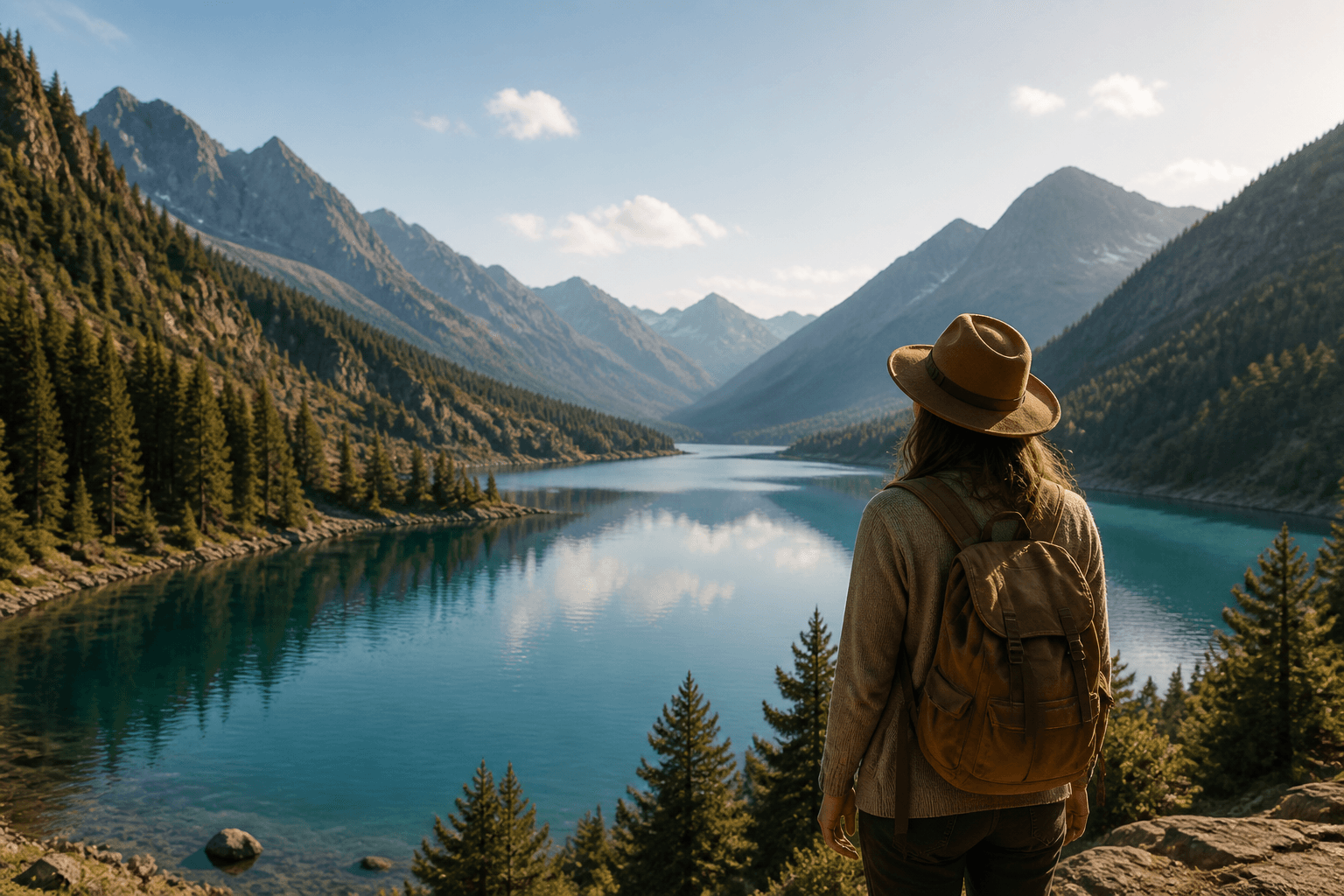Viajera contemplando un lago entre montañas