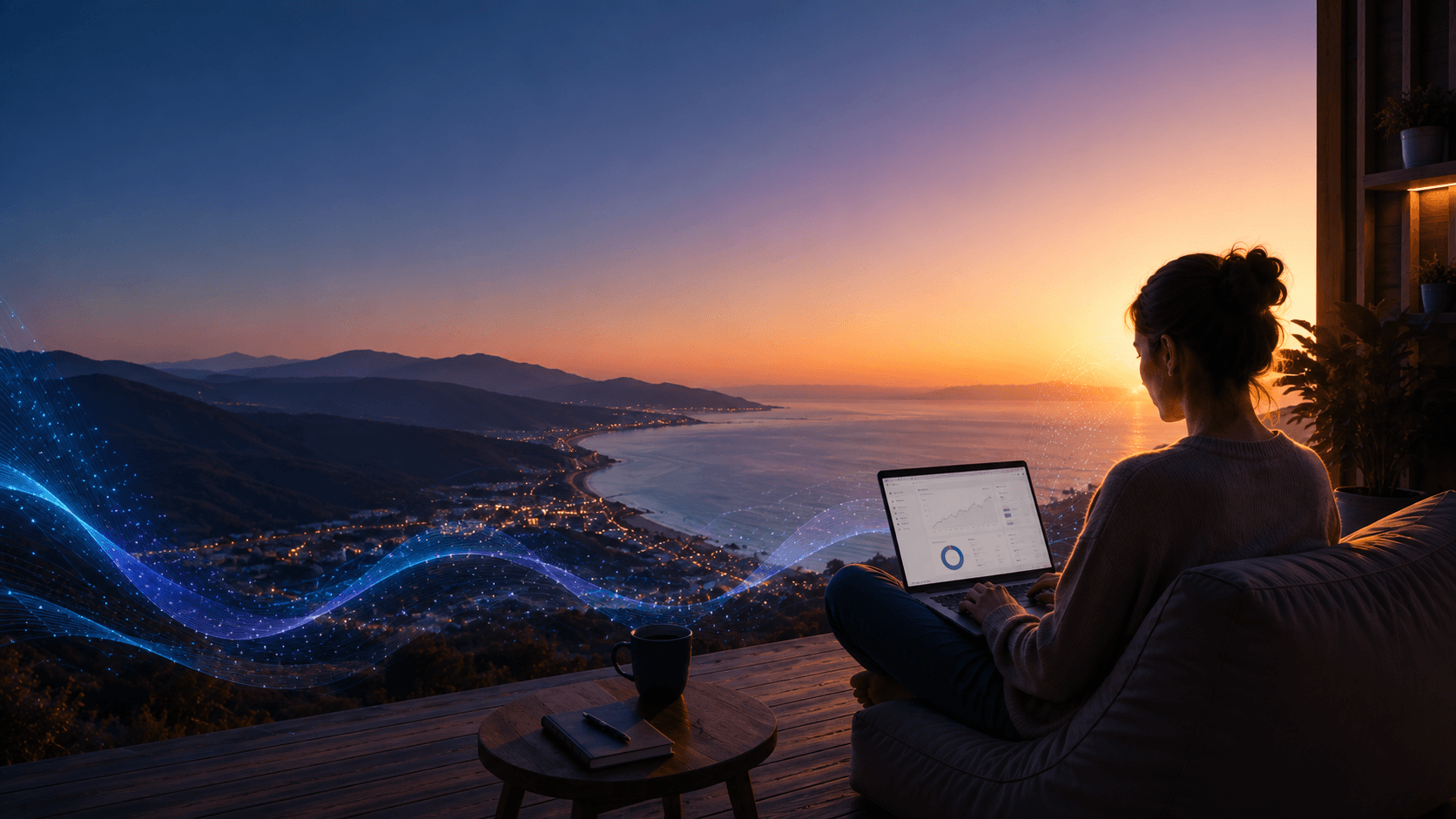 Mujer trabajando con un portátil en una terraza frente a un paisaje costero al atardecer.